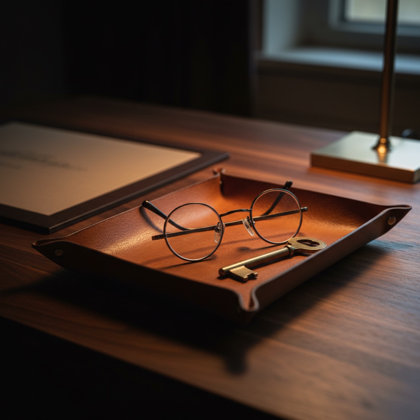 A leather valet tray, brass letter opener and walnut pen rest arranged on a working desk in low side light